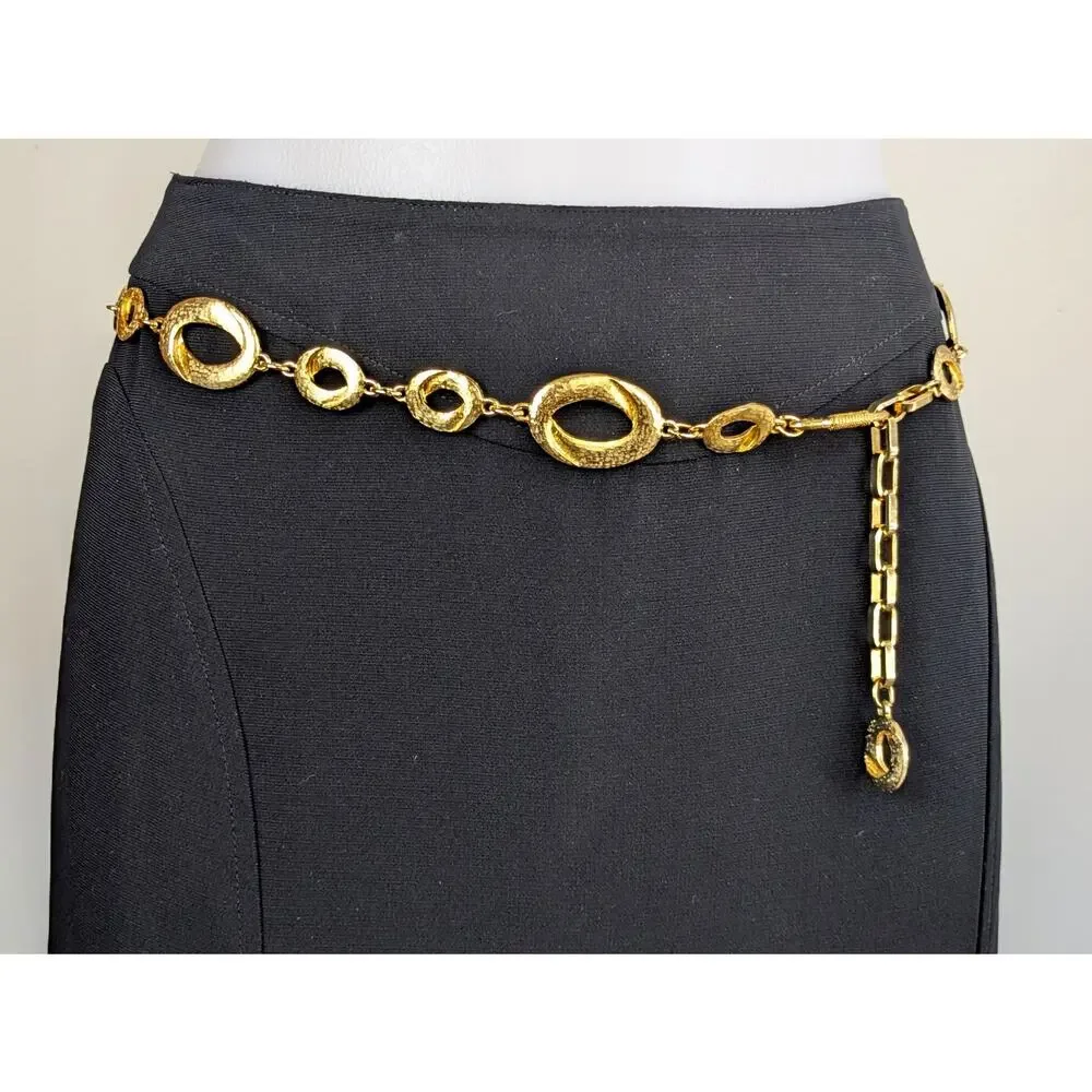 Vintage 90s Chain Belt Gold Tone Oval Links Textured Hammered Adjustable Glam